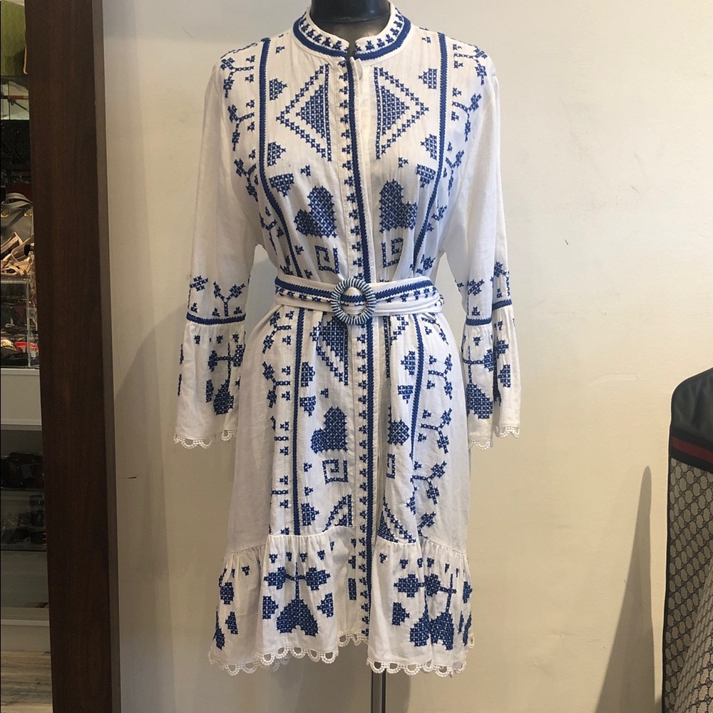 FARM Rio White Dress with Blue Embroidery